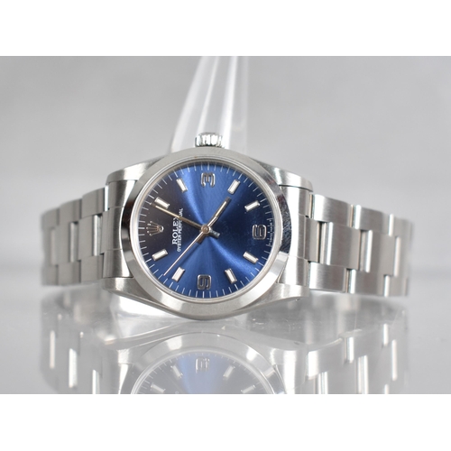 8 - A Ladies 'Midi' Stainless Steel Oyster Perpetual Rolex Wristwatch, Blue Face with Luminous Baton Hou... 