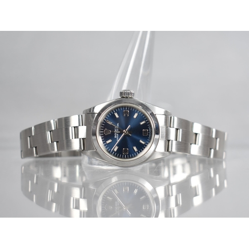 10 - A Ladies Stainless Steel Rolex Oyster Perpetual Wristwatch, Blue Dial with Baton Hour Indicators and... 