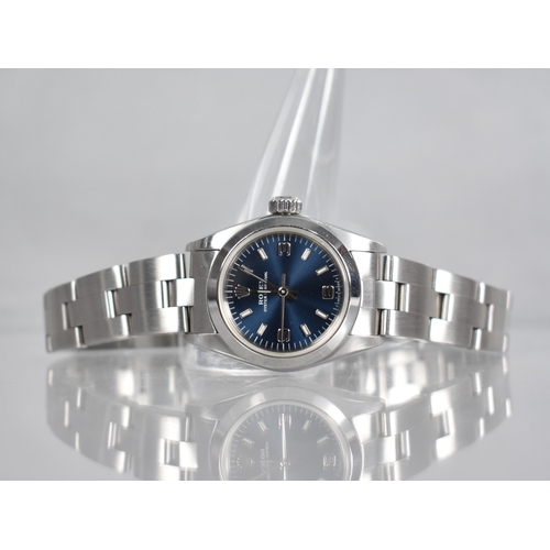 10 - A Ladies Stainless Steel Rolex Oyster Perpetual Wristwatch, Blue Dial with Baton Hour Indicators and... 