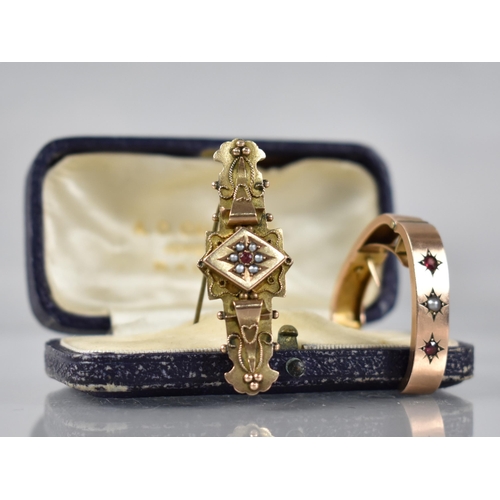 105 - Two Late 19th/Early 20th Century 9ct Gold, Garnet and Seed Pearl Items to include Scarf Clip and Bro... 