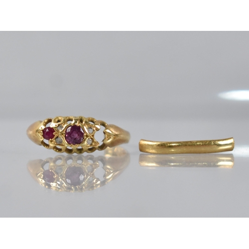 44 - An 18ct Gold, Ruby and Diamond Boat Shaped Ring, Central Mixed Cushion Cut Stone 3.2mm Diameter Havi... 