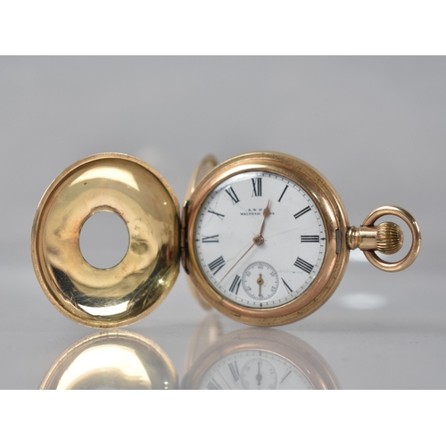 17 - A Waltham Gold Plated Half Hunter Pocket Watch, White Enamelled Face with Roman Numerals, Subsidiary... 