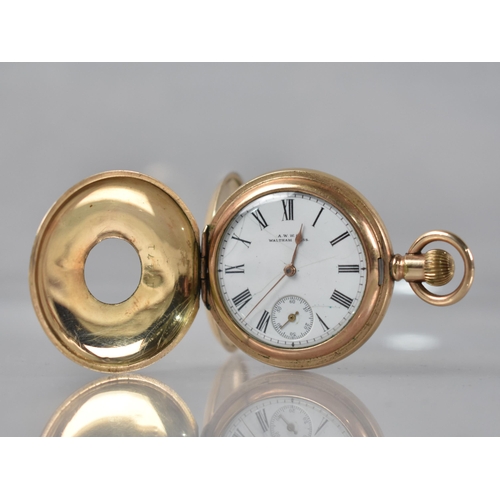 17 - A Waltham Gold Plated Half Hunter Pocket Watch, White Enamelled Face with Roman Numerals, Subsidiary... 