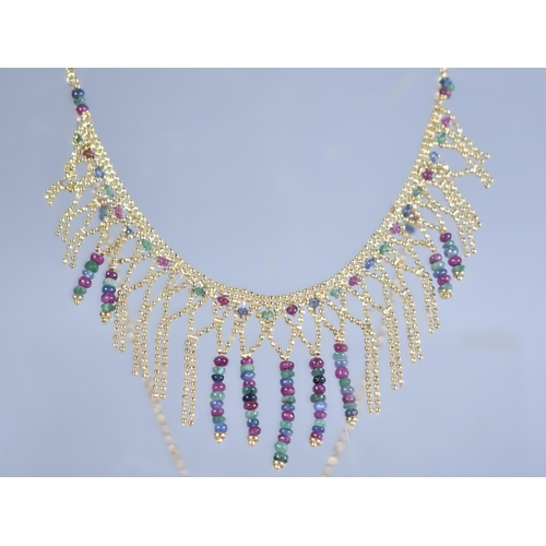 138 - A Ruby, Sapphire and Emerald Fringe Necklace on Italian 9ct Gold comprising Layered Jewel Beads and ... 