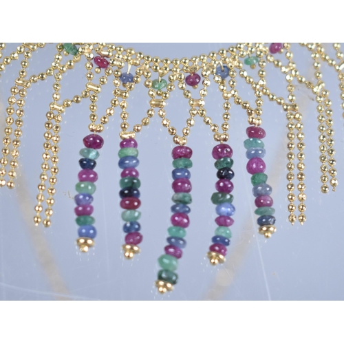 138 - A Ruby, Sapphire and Emerald Fringe Necklace on Italian 9ct Gold comprising Layered Jewel Beads and ... 