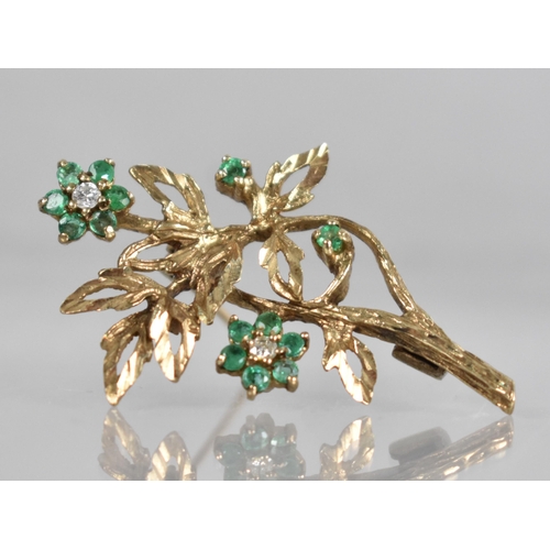 145 - A 9ct Gold, Diamond and Emerald Floral Brooch, Flowers with Central Round Cut Diamond Measuring 2.2m... 