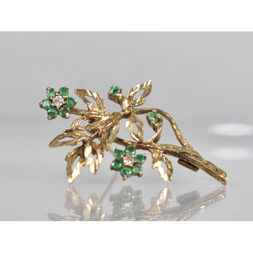 145 - A 9ct Gold, Diamond and Emerald Floral Brooch, Flowers with Central Round Cut Diamond Measuring 2.2m... 