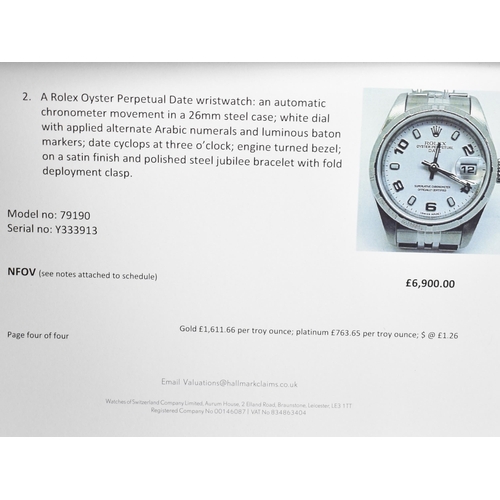 5 - A Ladies Rolex Oyster Perpetual Date Superlative Chronometer Wristwatch, White Enamel Face with Arab... 