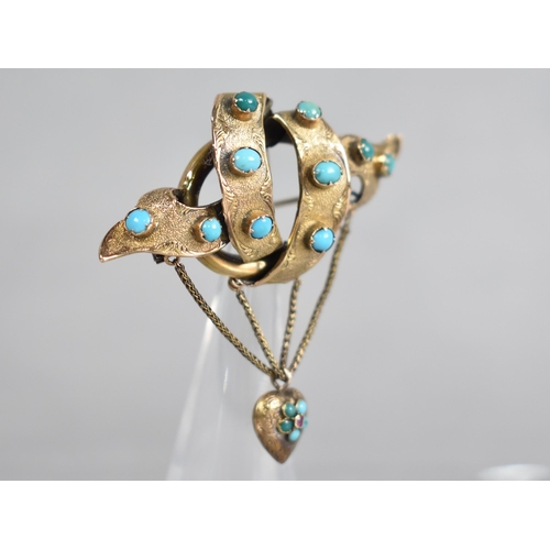 147 - A Victorian 15ct Gold, Turquoise and Ruby Brooch, Pinched Collet Mounted Turquoise Cabochon (Largest... 