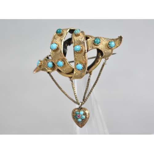 147 - A Victorian 15ct Gold, Turquoise and Ruby Brooch, Pinched Collet Mounted Turquoise Cabochon (Largest... 