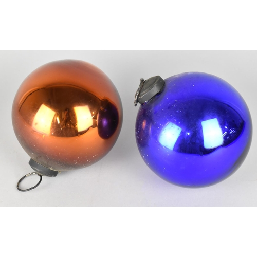 102 - Two 19th Century Witches Balls In Gold and Blue, 14cm Diameter
