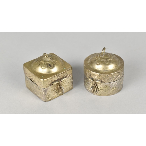 20 - Two Small Indian Lidded Metal Pill Boxes of Square and Circular Form , 4cm High