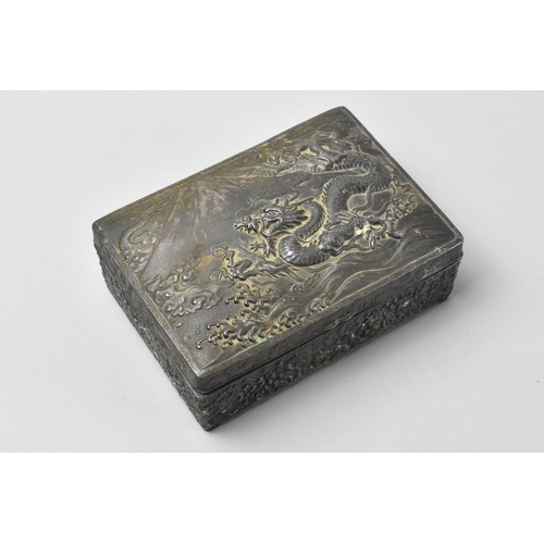 28 - A Japanese Patinated Box, the Hinged Lid Decorated with Mount Fuji and Dragon, 12x8.5cm, One Hinge R... 