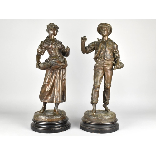 34 - A Pair of Patinated Spelter Figures, Farmer and his Wife on Circular Wooden Plinths, Overall Height ... 