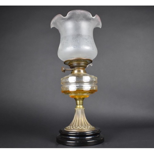 35 - A Late Victorian Brass Oil Lamp with Plain Glass Reservoir, Later Etched Shade, Overall Height 47.5c... 