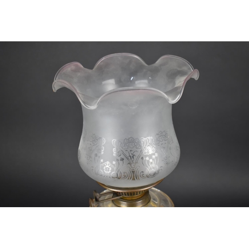 35 - A Late Victorian Brass Oil Lamp with Plain Glass Reservoir, Later Etched Shade, Overall Height 47.5c... 