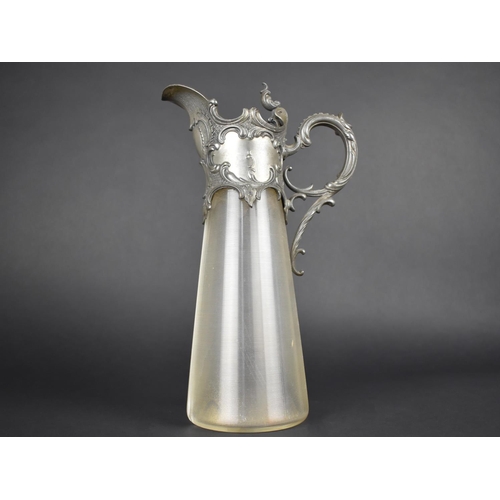 37 - A Britannia Metal Mounted Ribbed Glass Lidded Claret Jug, Art Nouveau Period, 30cm High