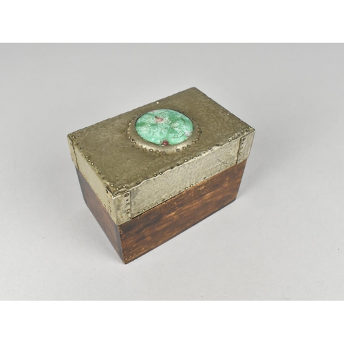 45 - A Vintage Two Division Playing Card Box with Hammered Metal Lid Having Green Cabochon