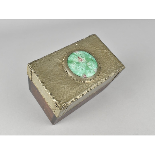 45 - A Vintage Two Division Playing Card Box with Hammered Metal Lid Having Green Cabochon