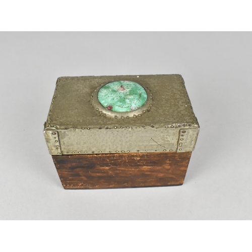 45 - A Vintage Two Division Playing Card Box with Hammered Metal Lid Having Green Cabochon