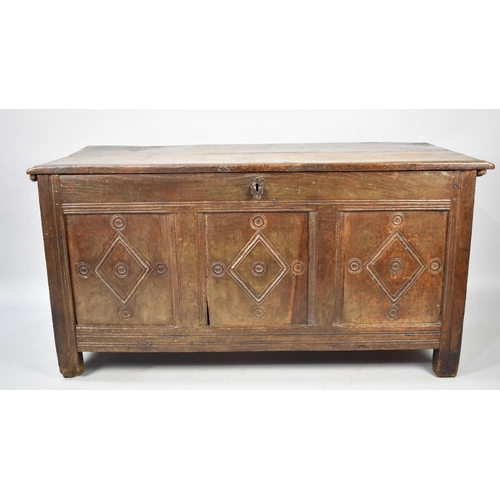 455 - An Early Oak Lift Top Coffer Chest with Three Panel Front Having Carved Lozenge Decoration, Two Pane... 