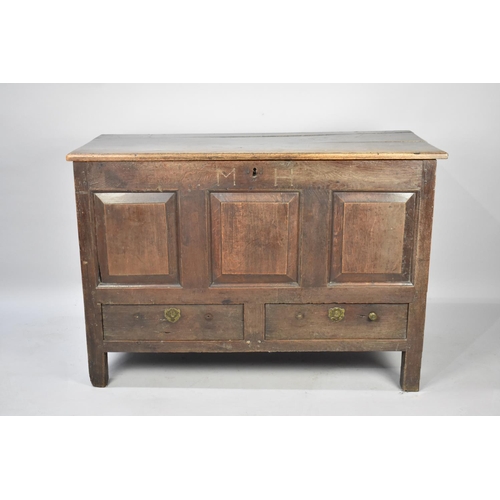 459 - An Early Oak Mule Chest with Three Panel Front Monogrammed MH and Two Base Drawers, 114cm Wide