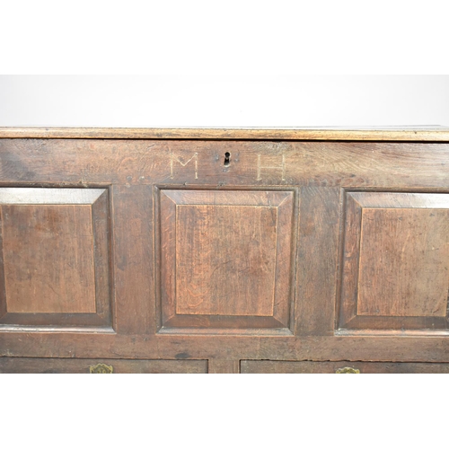 459 - An Early Oak Mule Chest with Three Panel Front Monogrammed MH and Two Base Drawers, 114cm Wide