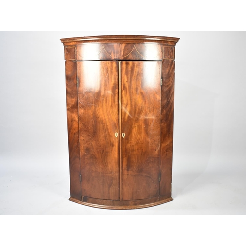 464 - A Mid 19th Century Mahogany String Inlaid Bow Fronted Corner Cabinet, 78.5cm wide and 114cm high