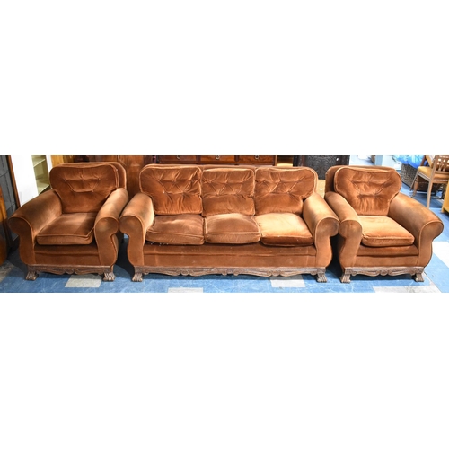 465 - An Edwardian Brown Velvet Upholstered Oak Framed Three Piece Suite with Three Seater Settee