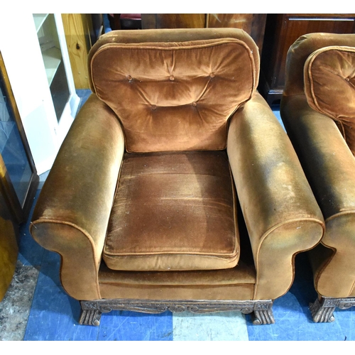 465 - An Edwardian Brown Velvet Upholstered Oak Framed Three Piece Suite with Three Seater Settee