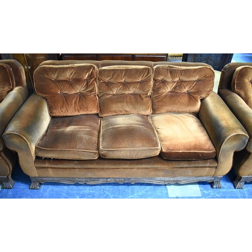 465 - An Edwardian Brown Velvet Upholstered Oak Framed Three Piece Suite with Three Seater Settee