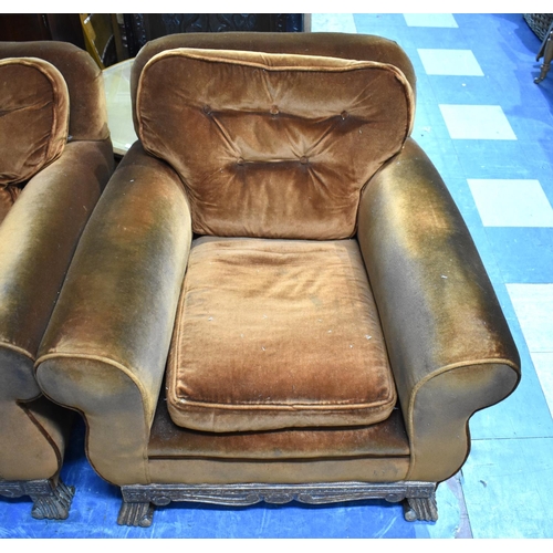 465 - An Edwardian Brown Velvet Upholstered Oak Framed Three Piece Suite with Three Seater Settee