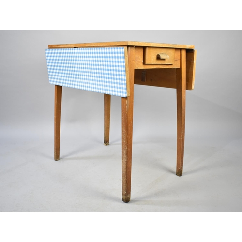 496 - A Vintage Formica Topped Gingham Pattern Drop Leaf Kitchen Table with End Drawer, 76cm wide