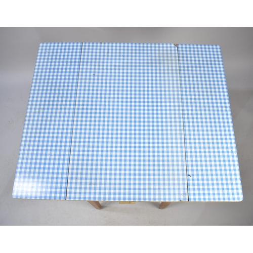 496 - A Vintage Formica Topped Gingham Pattern Drop Leaf Kitchen Table with End Drawer, 76cm wide