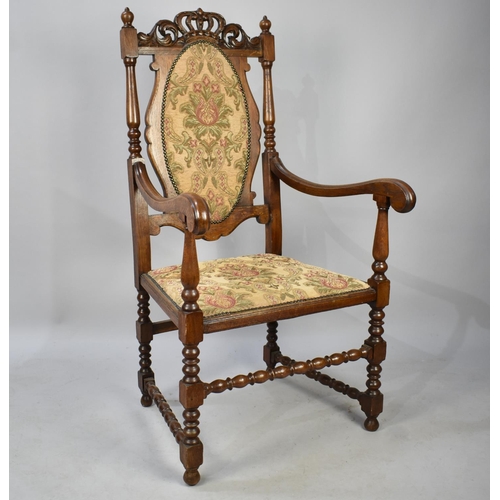 500 - A Mid 20th Century Oak Framed Tapestry Upholstered Throne Armchair