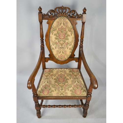 500 - A Mid 20th Century Oak Framed Tapestry Upholstered Throne Armchair