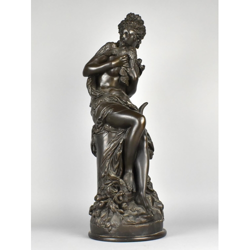 63 - A Heavy Cast Resin Bronze Effect Figure of Seated Classical Maiden Holding Doves, 62cm High