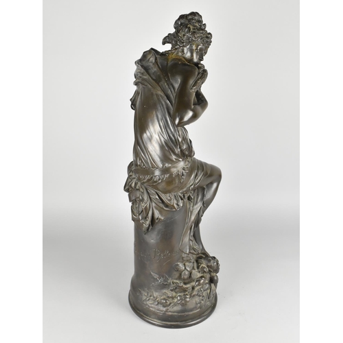 63 - A Heavy Cast Resin Bronze Effect Figure of Seated Classical Maiden Holding Doves, 62cm High