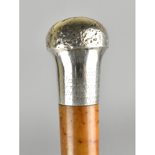 66 - A Silver Topped Malacca Walking Cane, the Handle Engraved 