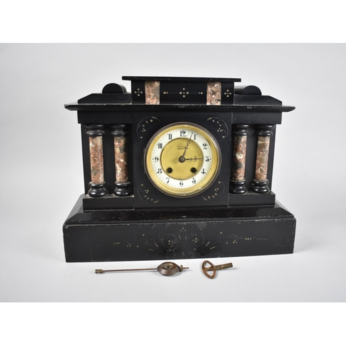 78 - An Edwardian French Black Slate Mantel Clock of Architectural Form Having Marble Column Pilasters, 3... 