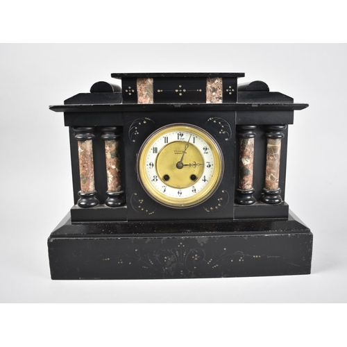 78 - An Edwardian French Black Slate Mantel Clock of Architectural Form Having Marble Column Pilasters, 3... 