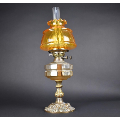 79 - A Late Victorian Brass Oil Lamp with Plain Glass Reservoir and Later Amber Glass Shade, Overall Heig... 