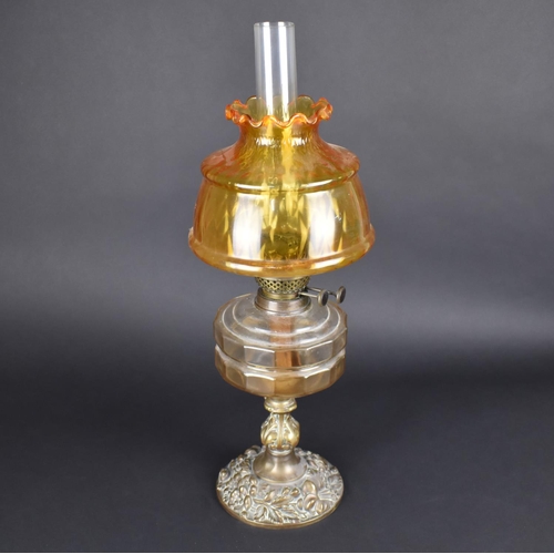 79 - A Late Victorian Brass Oil Lamp with Plain Glass Reservoir and Later Amber Glass Shade, Overall Heig... 