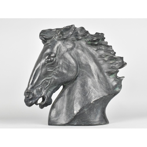 99 - A Cast Plaster Bust of Horses Head with Verdigris Style Decoration, 33cm High, One Ear Glued