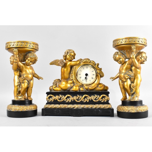 13 - A Mid 20th Century Moulded Resin Continental Clock Garniture Decorated with Cherubs, Garniture 23cm ... 