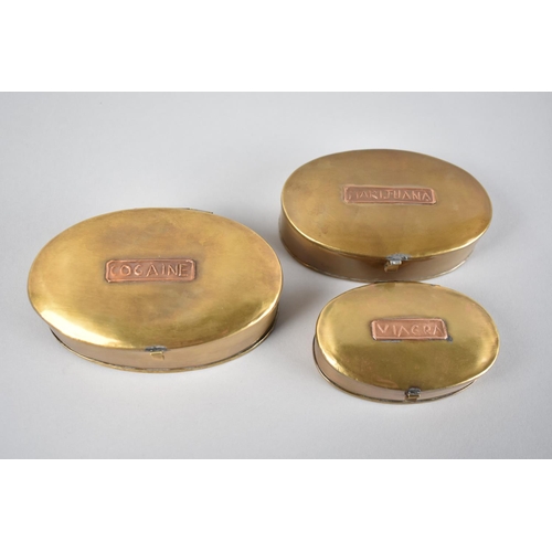 21 - A Graduated Set of Three Oval Pill Boxes Inscribed for Cocaine, Marijuana, Viagra, Largest at 11.5cm... 