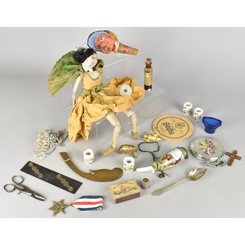 256 - A Collection of Curios to Include Jockey Wine Saver Cork, Chinese Jadeite Disc, Powder Compact, Doll... 