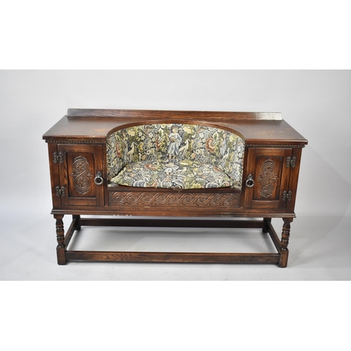 509 - A Mid 20th Century Oak Window Seat with Tapestry Upholstery and Cupboards Either Side, Galleried Bac... 