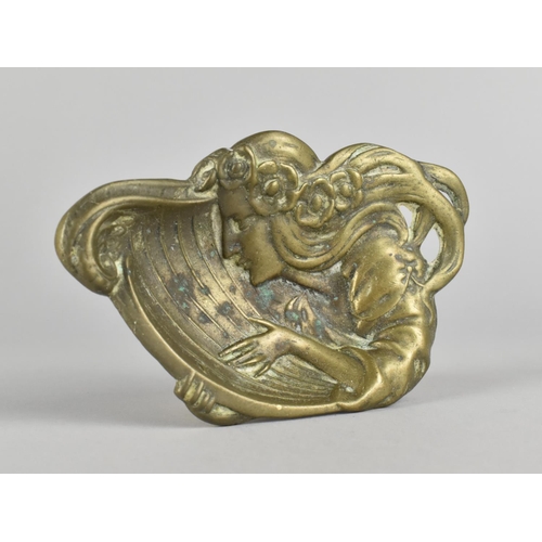 51 - An Art Nouveau Brass Pin Dish in the Form of A Maiden Playing Harp, 12cm Wide