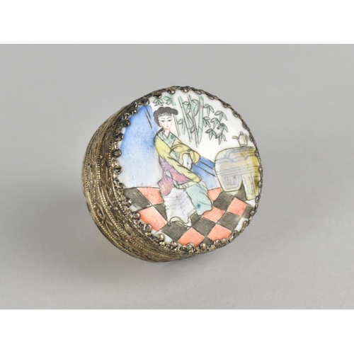 53 - A Mid 20th Century Chinese Circular Enamelled Box, the Hinged Lid with Inner Mirror, 5cm Diameter